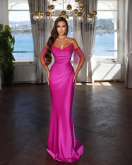 Charming Fuchsia Spaghetti Strap Tassel Sequins Applique Pleated Evening Dress