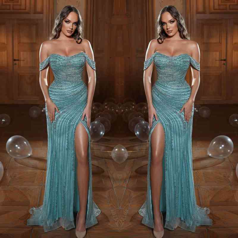 Charming Green Evening Dress Prom Dress Strapless Off-the-Shoulder with Sequins and Slit