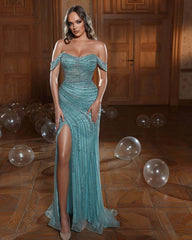 Charming Green Evening Dress Prom Dress Strapless Off-the-Shoulder with Sequins and Slit