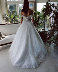 Charming Long A-Line Off-the-Shoulder Tulle Wedding Dress