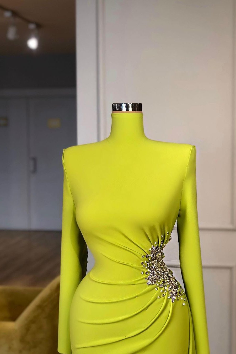 High Neck Long Sleeve Mermaid Pleated Evening Dress with Beading