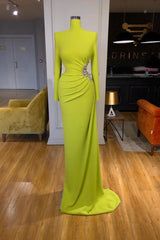 High Neck Long Sleeve Mermaid Pleated Evening Dress with Beading