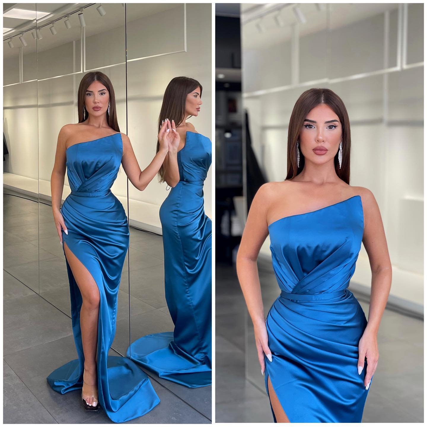 Charming Ocean Blue Long Prom Dress with Split and Pleated