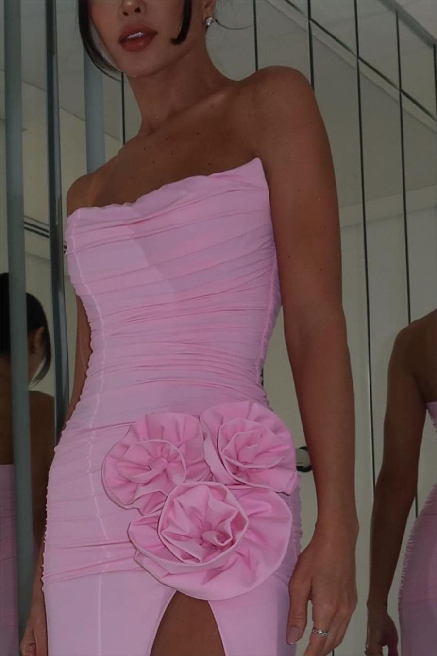 Charming Strapless Pink Long Prom Dress with High Split and Pleated