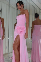 Charming Strapless Pink Long Prom Dress with High Split and Pleated