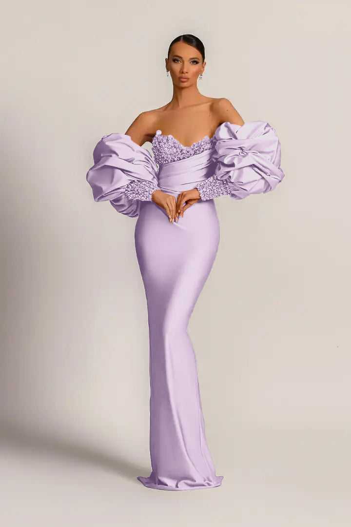 Purple Strapless Mermaid Long Prom Dress with Appliques