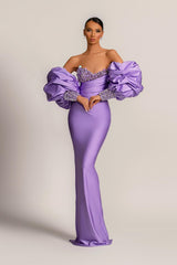Purple Strapless Mermaid Long Prom Dress with Appliques