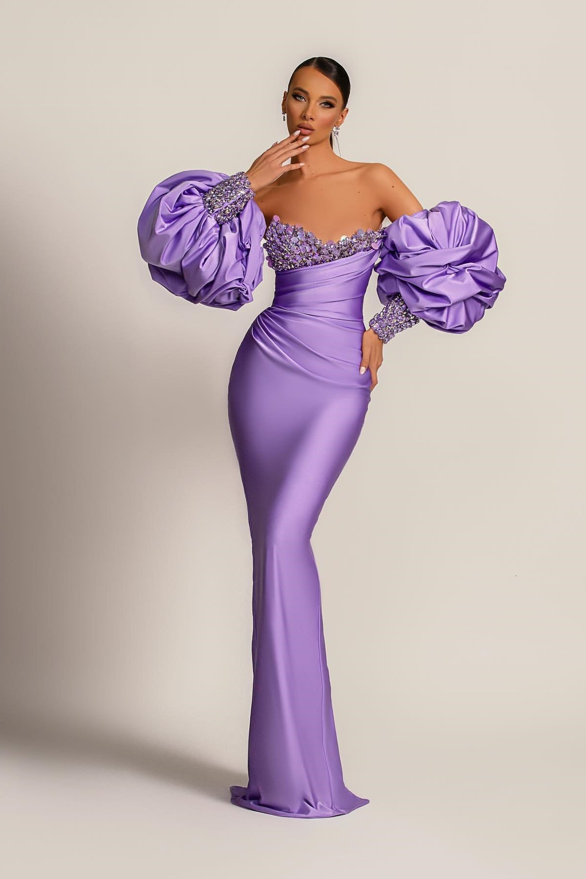 Purple Strapless Mermaid Long Prom Dress with Appliques