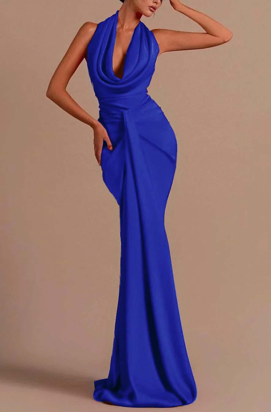 Charming Royal Blue Halter Mermaid Long Prom Dress with Pleated