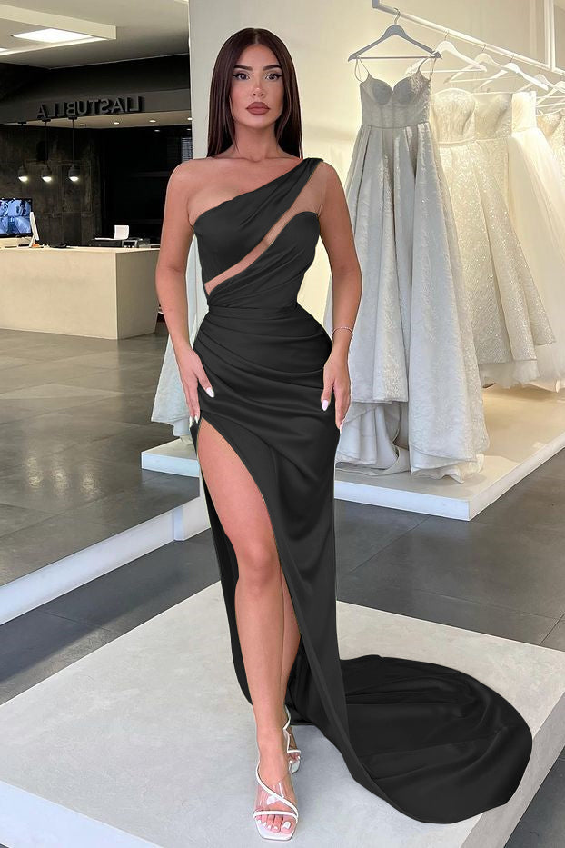 Charming One Shoulder Long Split Evening Dress with Pleated Details