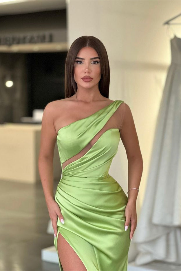 Charming One Shoulder Long Split Evening Dress with Pleated Details