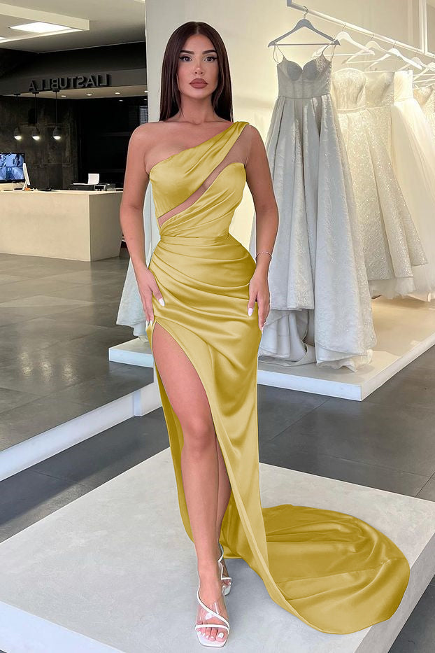 Charming One Shoulder Long Split Evening Dress with Pleated Details