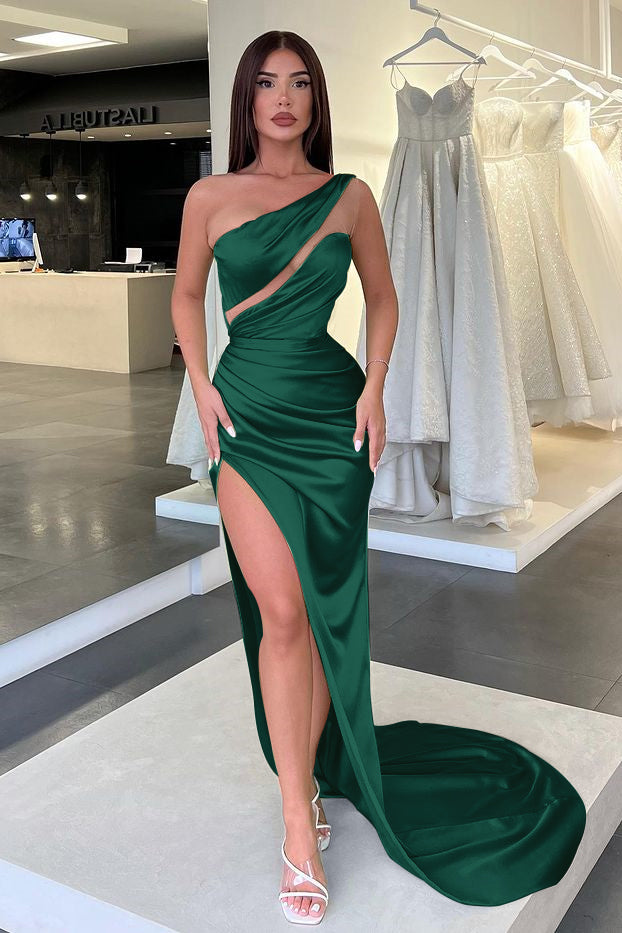 Charming One Shoulder Long Split Evening Dress with Pleated Details