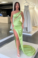 Charming One Shoulder Long Split Evening Dress with Pleated Details