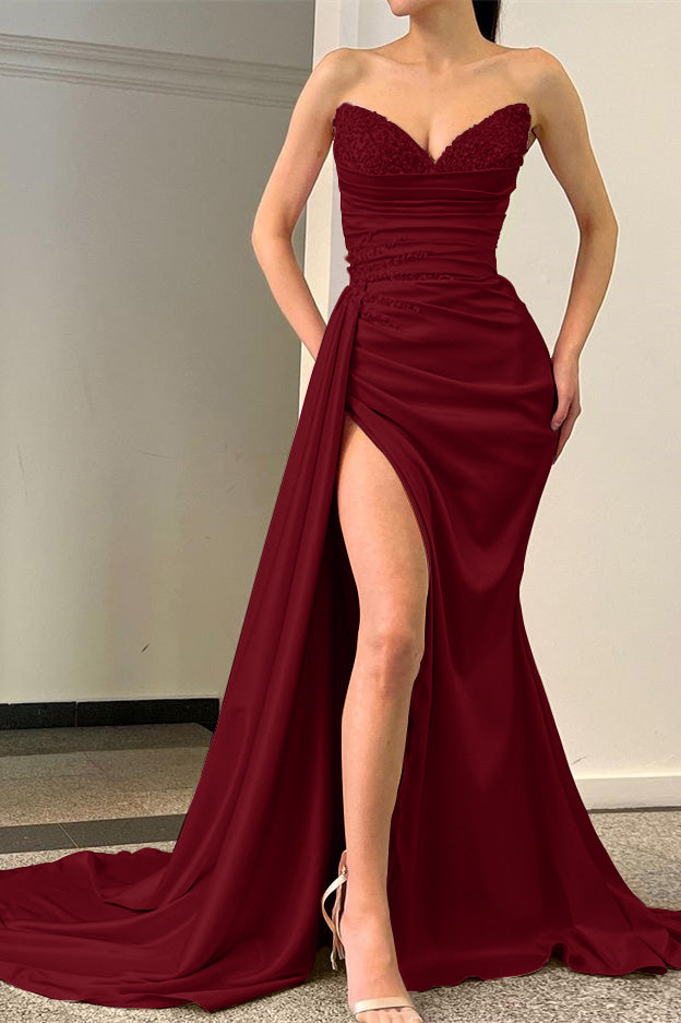 Charming Strapless Pleated Mermaid Sequins Long Prom Dress with Split