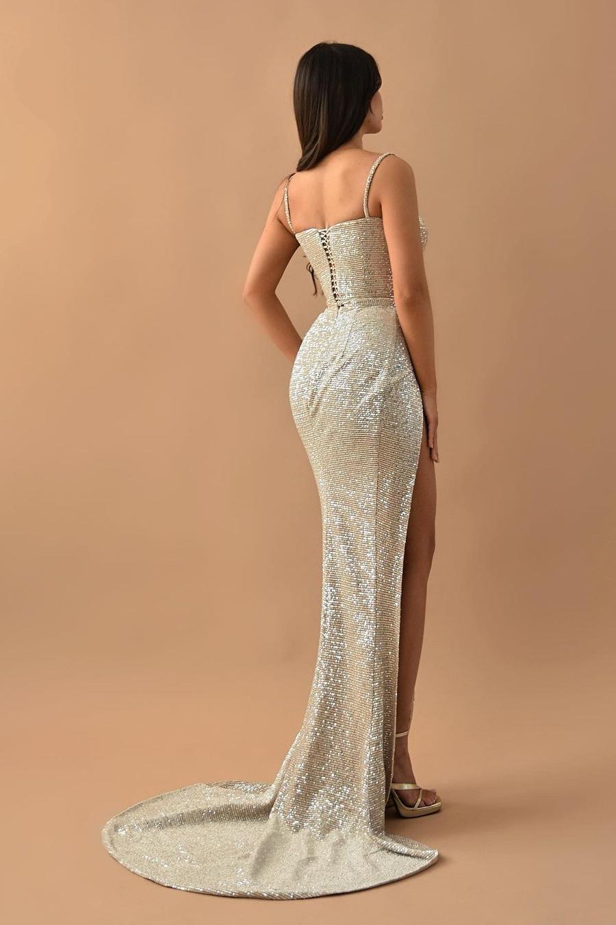 Charming Sweetheart Spaghetti Strap Long Prom Dress with Sequins and High Split