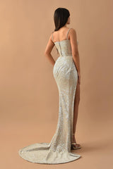 Charming Sweetheart Spaghetti Strap Long Prom Dress with Sequins and High Split