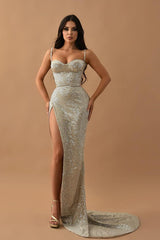 Charming Sweetheart Spaghetti Strap Long Prom Dress with Sequins and High Split