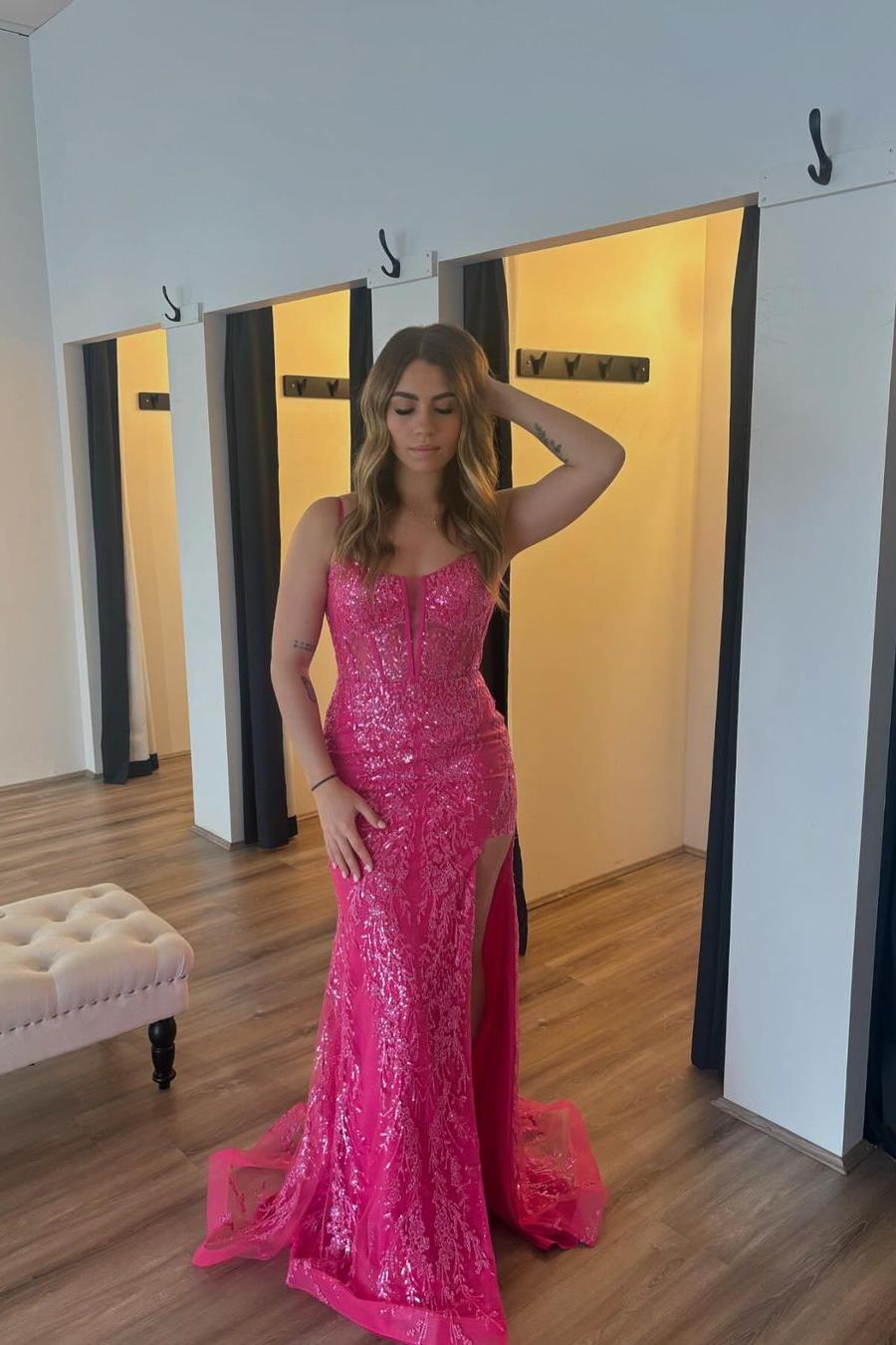 Charming Spaghetti Strap Long Prom Dress with Split and Appliques