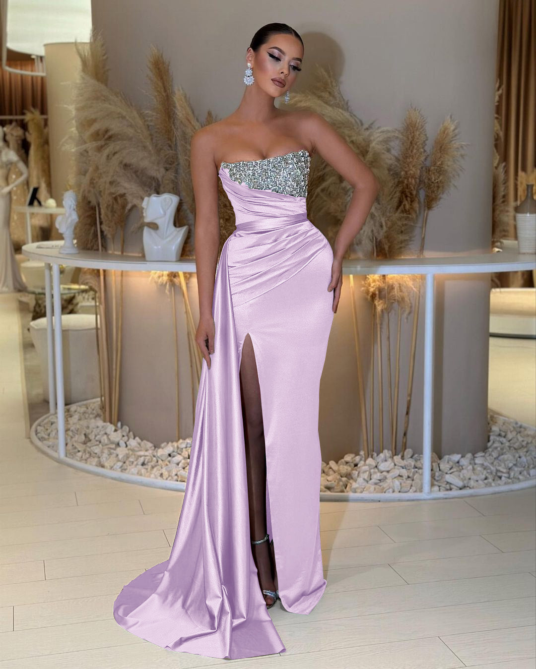 Charming Strapless Long Prom Dress with Beading Split Ruffles
