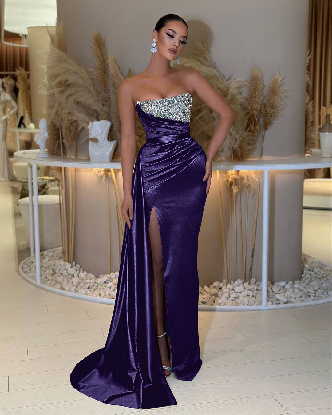 Charming Strapless Long Prom Dress with Beading Split Ruffles