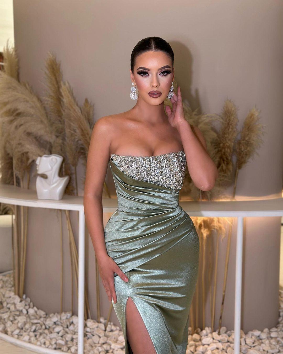 Charming Strapless Long Prom Dress with Beading Split Ruffles