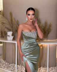 Charming Strapless Long Prom Dress with Beading Split Ruffles