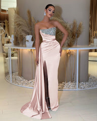 Charming Strapless Long Prom Dress with Beading Split Ruffles