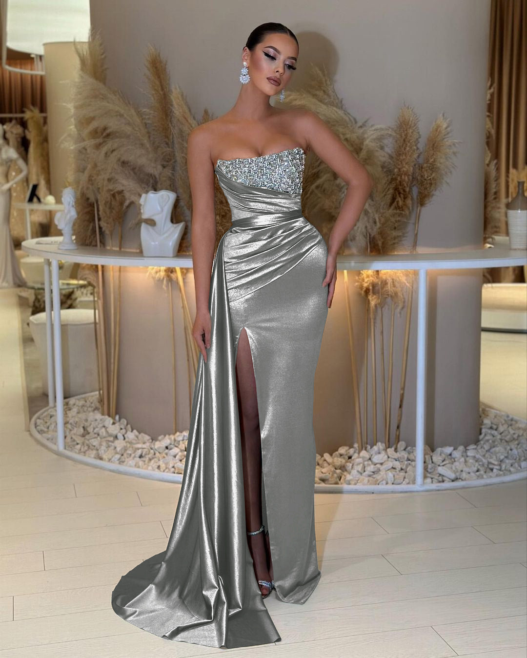 Charming Strapless Long Prom Dress with Beading Split Ruffles
