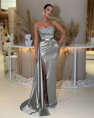 Charming Strapless Long Prom Dress with Beading Split Ruffles