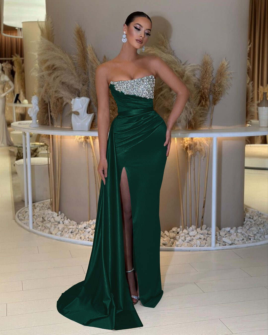 Charming Strapless Long Prom Dress with Beading Split Ruffles