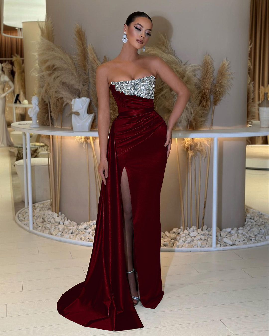 Charming Strapless Long Prom Dress with Beading Split Ruffles