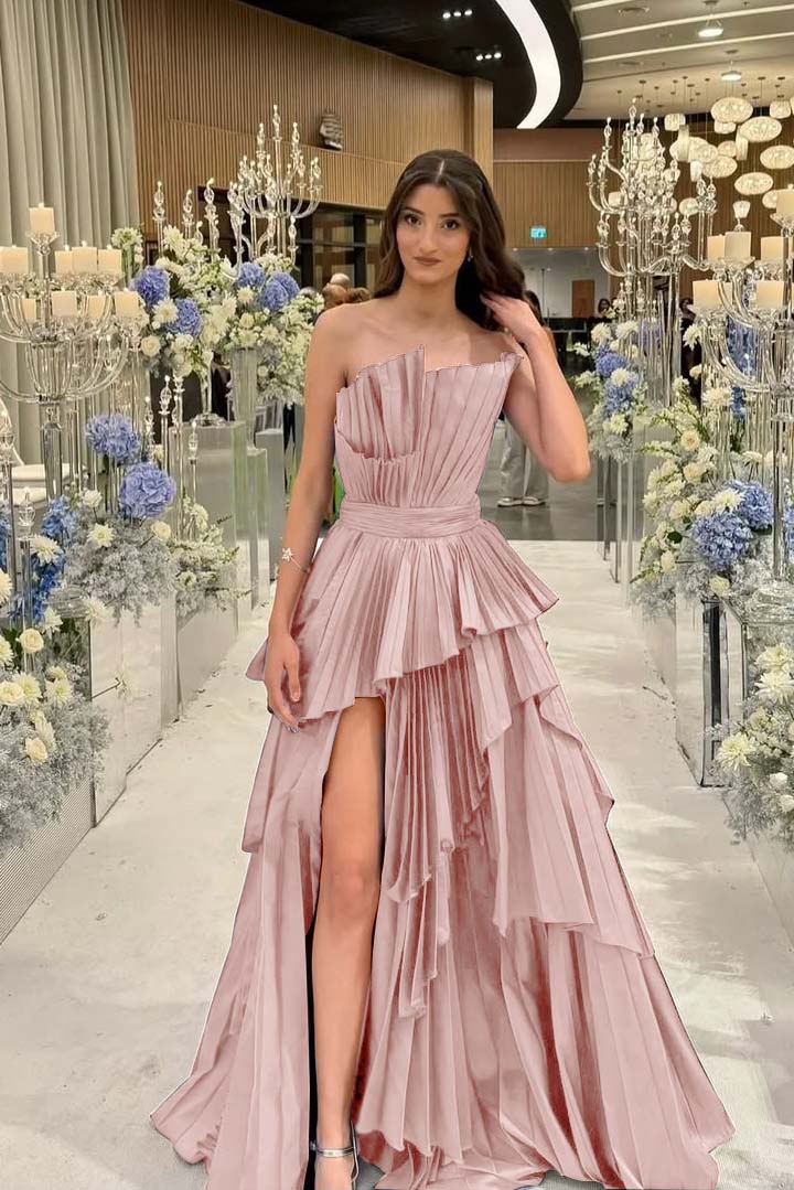 Charming Strapless Long Split Prom Dress with Pleated Details
