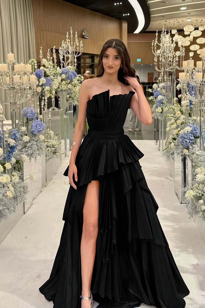 Charming Strapless Long Split Prom Dress with Pleated Details