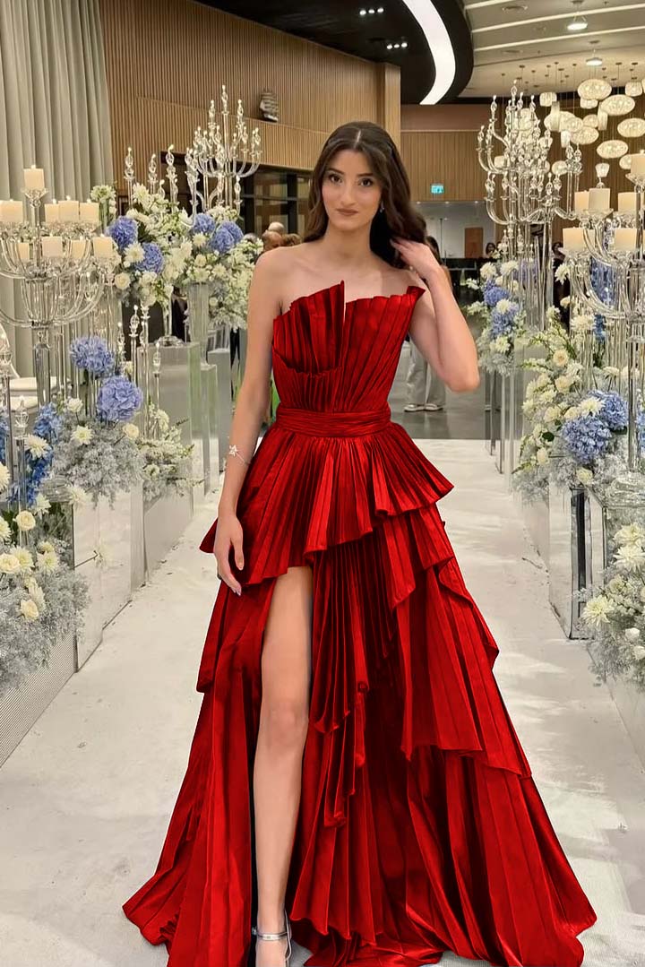 Charming Strapless Long Split Prom Dress with Pleated Details