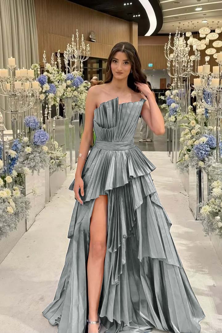 Charming Strapless Long Split Prom Dress with Pleated Details