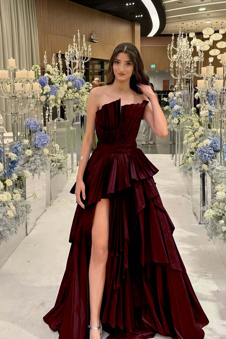 Charming Strapless Long Split Prom Dress with Pleated Details