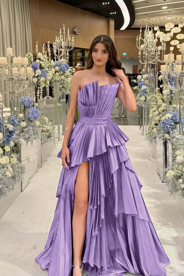Charming Strapless Long Split Prom Dress with Pleated Details