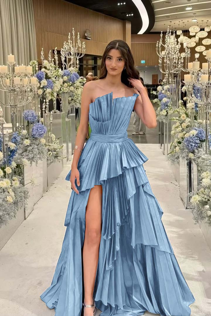 Charming Strapless Long Split Prom Dress with Pleated Details