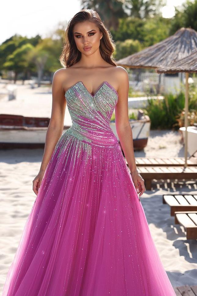 Charming Strapless Tulle Mermaid Long Prom Dress with Sequins