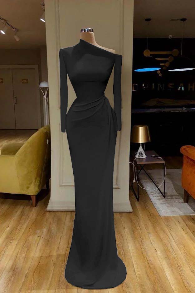 Charming One Shoulder Long Sleeve Mermaid Prom Dress with Pleats