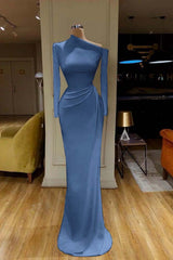 Charming One Shoulder Long Sleeve Mermaid Prom Dress with Pleats