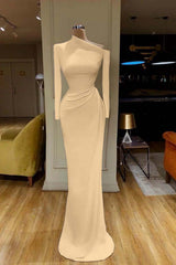 Charming One Shoulder Long Sleeve Mermaid Prom Dress with Pleats