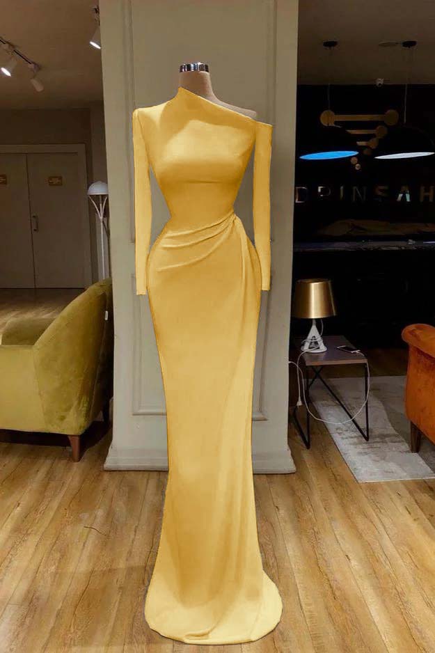 Charming One Shoulder Long Sleeve Mermaid Prom Dress with Pleats