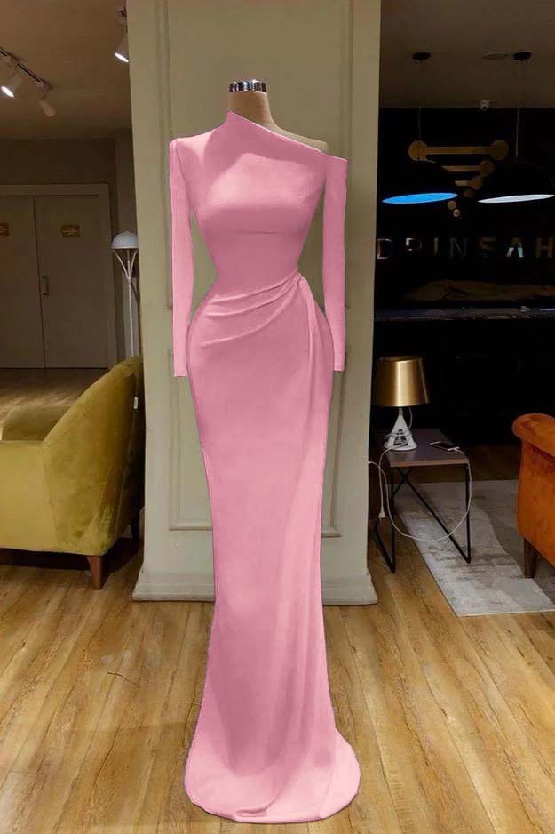 Charming One Shoulder Long Sleeve Mermaid Prom Dress with Pleats