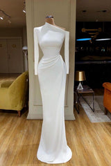 Charming One Shoulder Long Sleeve Mermaid Prom Dress with Pleats