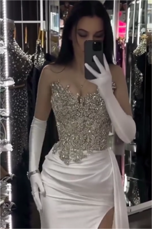 Charming White Strapless Long Prom Dress with Sequins, Pleated and Gloves