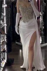 Charming White Strapless Long Prom Dress with Sequins, Pleated and Gloves