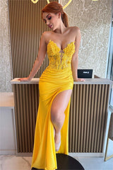 Charming Yellow Strapless Long Prom Dress with Split, Pleated and Embroidery