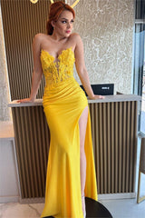 Charming Yellow Strapless Long Prom Dress with Split, Pleated and Embroidery